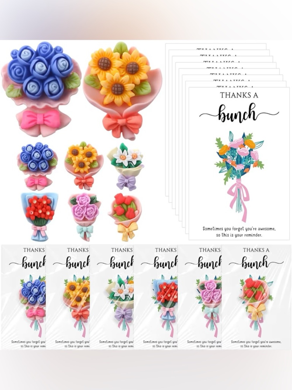(10) Thanks a Bunch Cards With Mini Resin Flower Bouquet Pocket Hugs